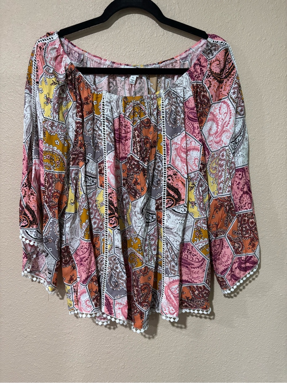 Fever Patchwork Peasant Top - Pink, Orange, Yellow, White, Gray